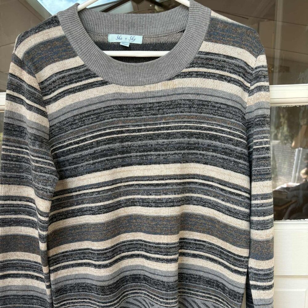 She + Sky Fringed Sweater Multi Colored with Grey, Blue, Tan OS